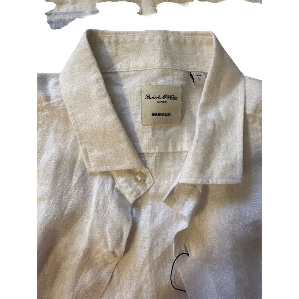 Baird McNutt Mens Linen Short Sleeve Button-Up Shirt With Blue Stripe Hem Size L - Picture 5 of 6